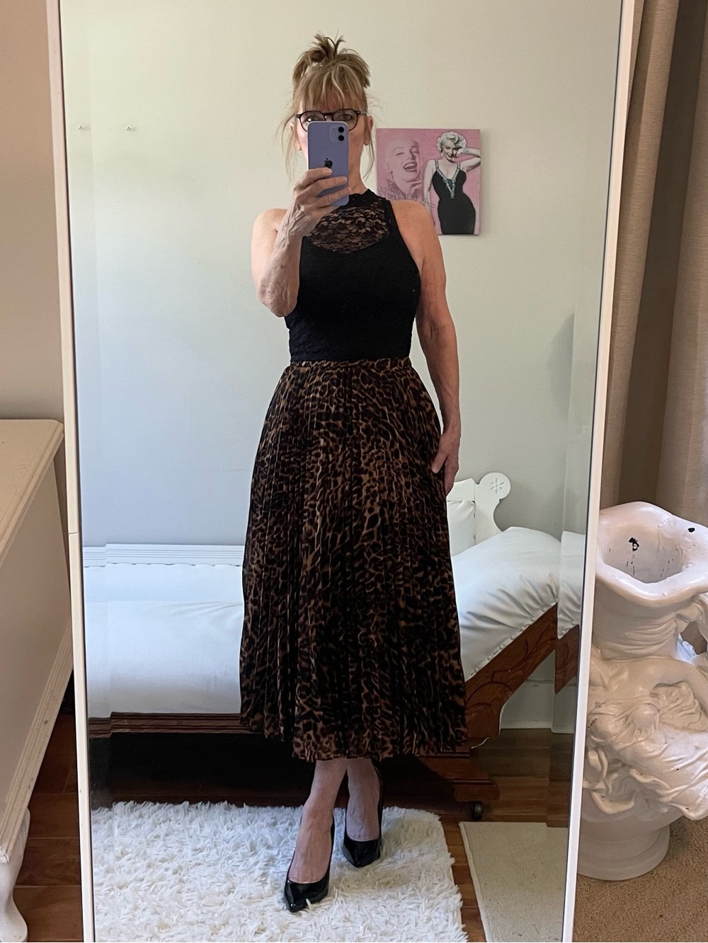 TRUTH BROWN BLACK LEOPARD PRINT PLEATED ACCORDION MIDI SKIRT STRETCH WAIST LINED